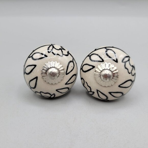 Black White Flower and Leaf Ceramic Drawer Knobs Silver Tone Hardware Set of 2 - Picture 1 of 2